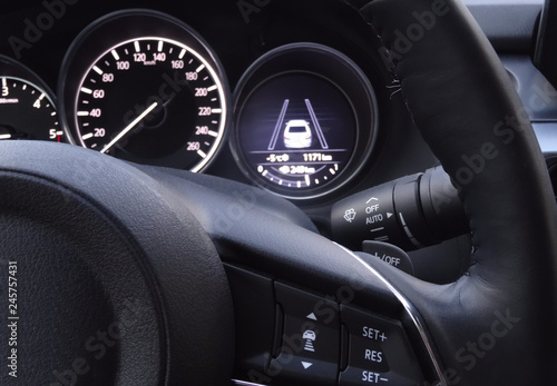 Controls on steering wheel and display of collision prevention assist in car photo