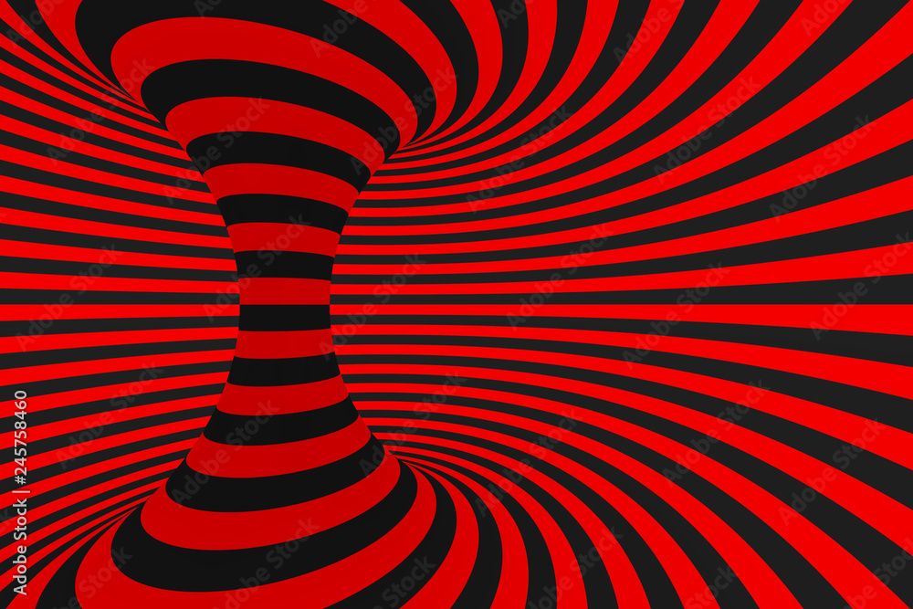 Fototapeta Torus 3D optical illusion raster illustration. Hypnotic black and red tube image. Contrast twisting loops, stripes ornament.