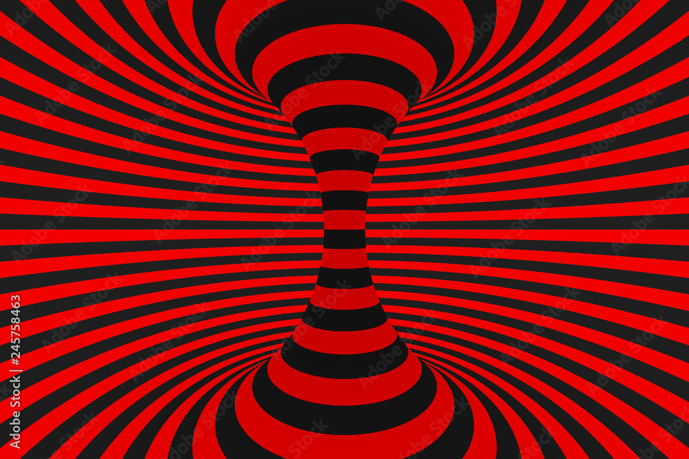 Fototapeta Torus 3D optical illusion raster illustration. Hypnotic black and red tube image. Contrast twisting loops, stripes ornament.