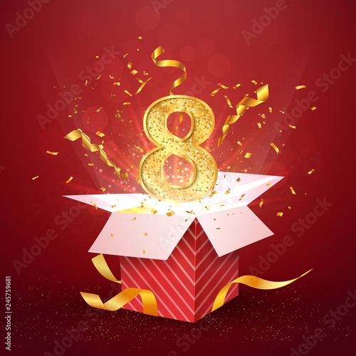 8 th year number anniversary and open gift box with explosions confetti isolated design element. Template eight eighth birthday celebration on red background vector Illustration.