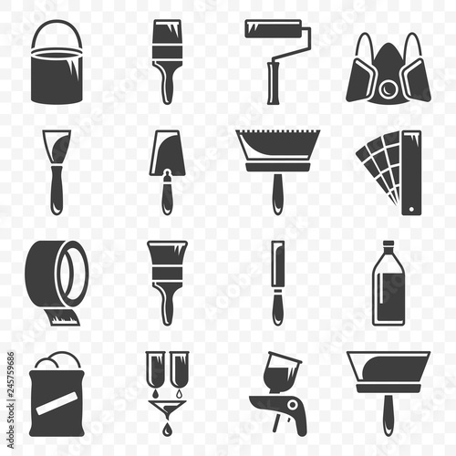 Set of icons related to painting and paint work. Vector on transparent background