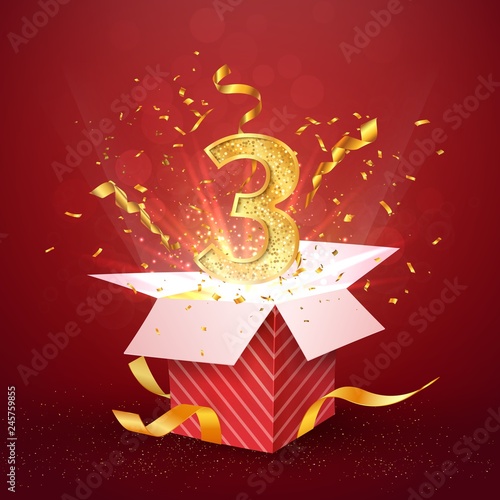 3 rd year number anniversary and open gift box with explosions confetti isolated design element. Template three third birthday celebration on red background vector Illustration.