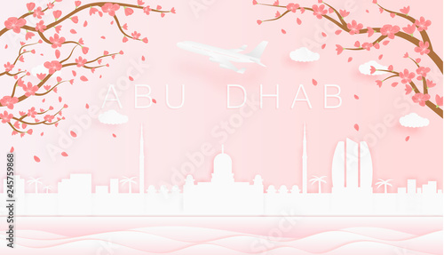 Paper cut style Abu Dhabi city, pink color paper, vector stock illustration. Autumn season in Abu Dhabi. Skyline Abu Dhabi city composition