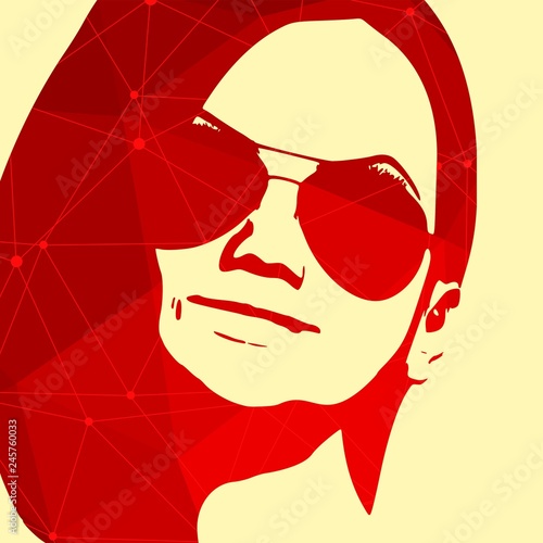 Portrait of beautiful woman in sunglasses. Short hair. Connected lines with dots.
