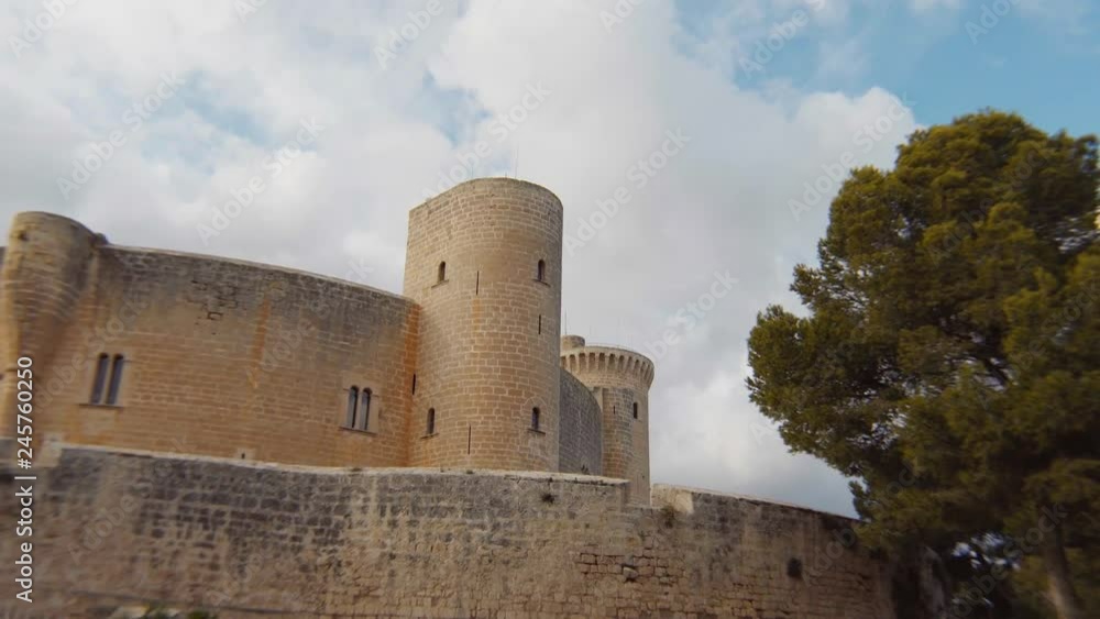 View on Bellver Castle in Palma de Mallorca. Gothic-style castle built in the 14th century for King James II of Majorca. / 4K Video Footage View on Bellver Castle in Palma de Mallorca. Gothic-style castle built in the 14th century for King James II of Majorca. / 4K Video Footage
