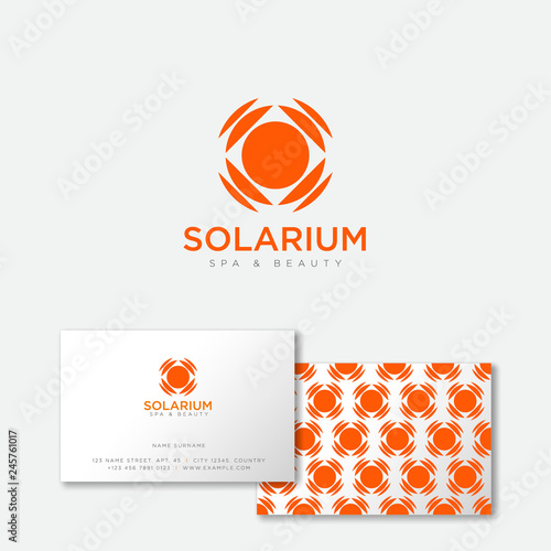 Solarium logo. Sun emblem. Suntan salon icon. Orange sun with rays on a white background. Identity. Business card.