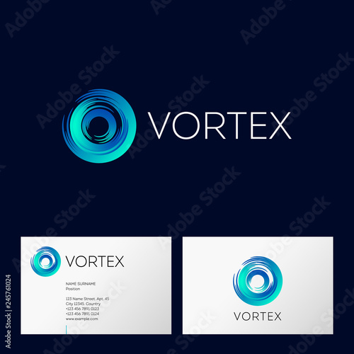 Vortex logo. Helix emblem. O monogram. Blue helix on a dark background. Identity. Business card.