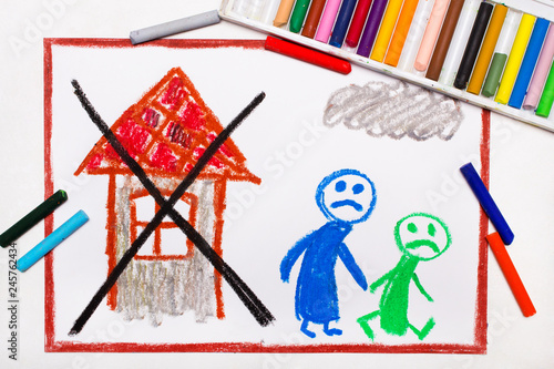 Colorful drawing: Two sad people leave their home. The problem of homelessness, eviction or moving out.