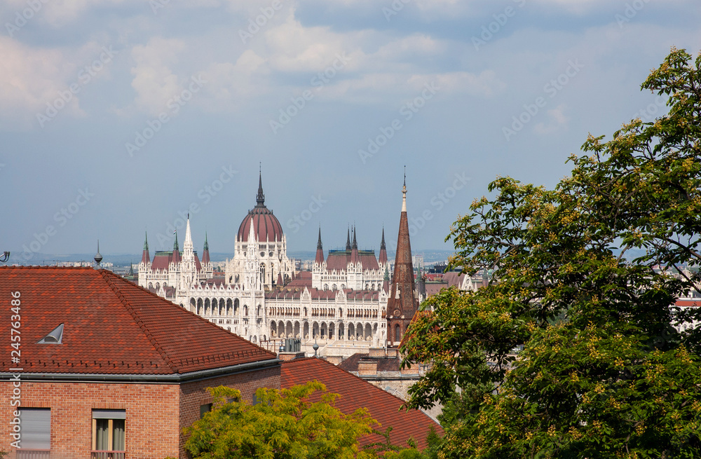 Urban view and view to The Hungarian Parliament Building, Budapest, Hungary