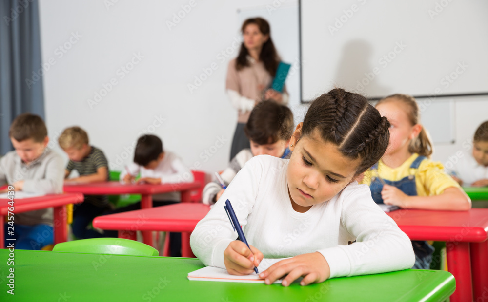Fototapeta premium Schoolgirl writing at lessons