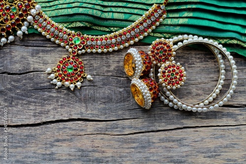 Indian decorations for dancing: bracelets, earrings, elements of the Indian classical costume for dancing bharatanatyam and decorations on the neck and on the head