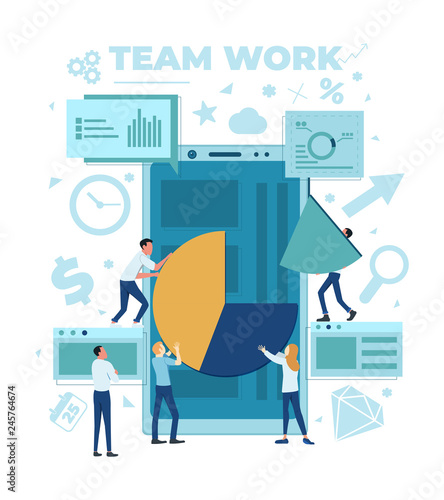 The team is working on a business project. The working process. Analytics, information gathering, teamwork. Smartphone and business team isolated on white background. Vector illustration.