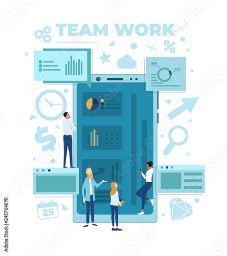 The team is working on a business project. The working process. Analytics, information gathering, teamwork. Smartphone and business team isolated on white background. Vector illustration.
