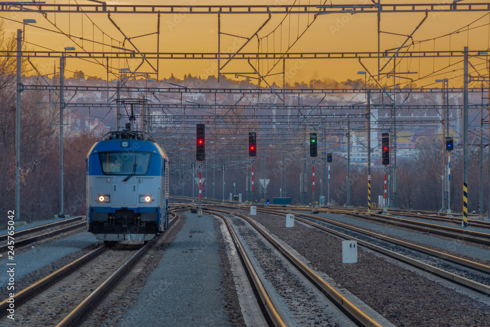 Blue electric train in Holesovice station in capital Prague