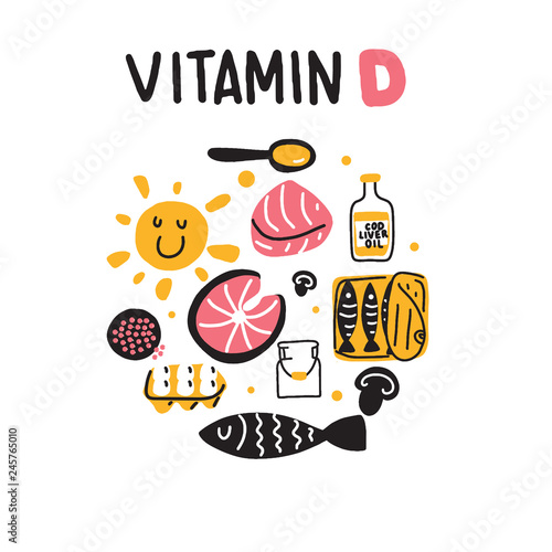 Vitamin D sources. Hand drawn circle illustration of different food rich of vitamin d. Vector.