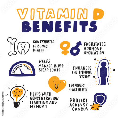 Vitamin D benefits. Hand drawn infographic. Sketch style. Vector.