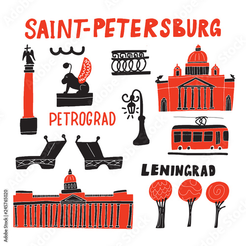 Saint Petersburg. Funny hand drawn illustration of different landmarks . Sketch. Vector