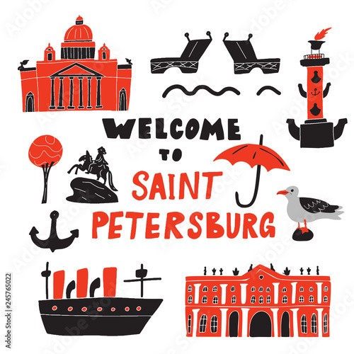 Welcome to Saint-Petersburg. Funny hand drawn illustration of different landmarks and symbols . Sketch. Vector