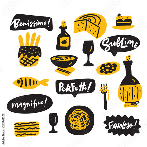 Funny hand drawn illustration of italian food and expressions of delight about tasty food. Vector design.
