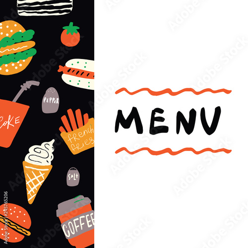 Fast food menu template. Funny hand drawn illustration, made in vector.