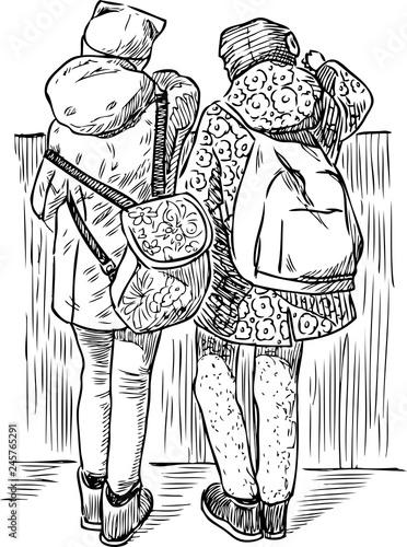 A sketch of schoolgirls having a rest on the quay