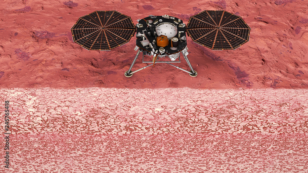 Fototapeta premium InSight su Marte, missione spaziale per l'esplorazione del pianeta. Spaccato del terreno marziano. Il lander è atterrato sulla superficie di Marte, nella regione vulcanica di Elysium Planitia. Nasa