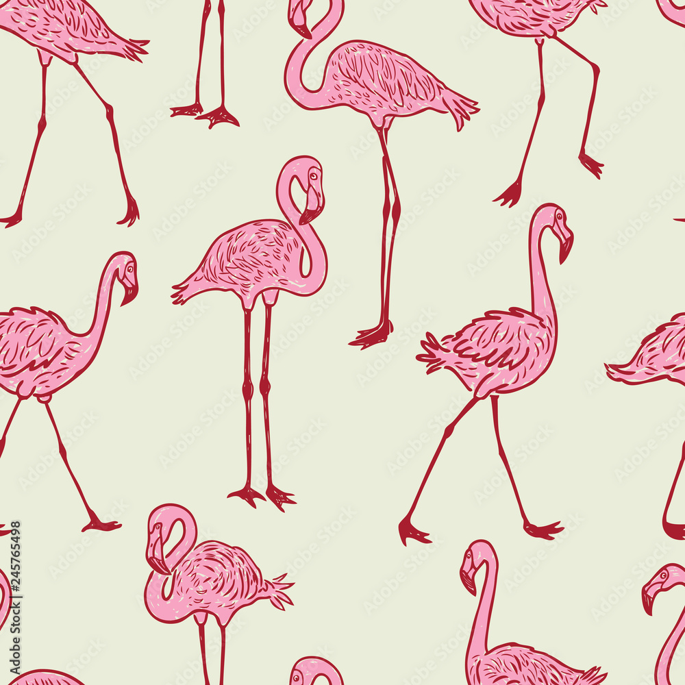 Fototapeta premium Seamless background of the cartoon pink flamingos