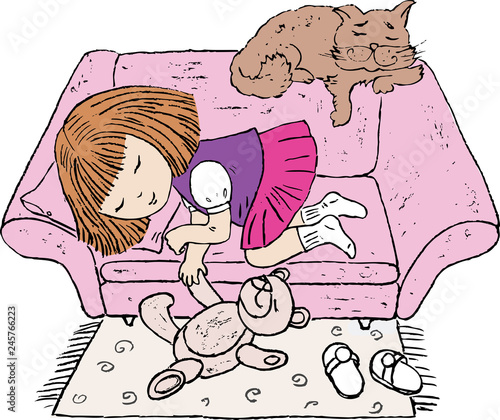 Vector image of a little girl sleeping after the game