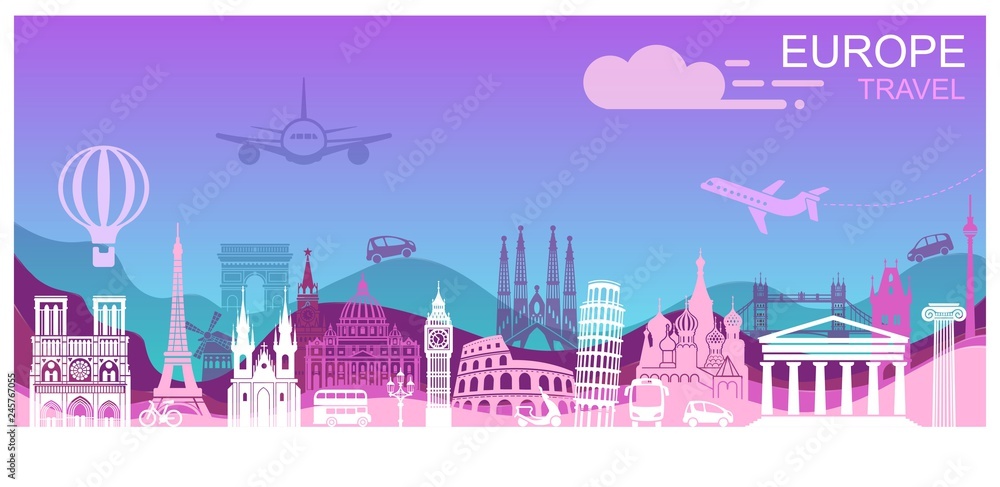 Abstract panorama of Europe. Landmarks in style paper art and craft Abstract panorama of Europe. Landmarks in style paper art and craft