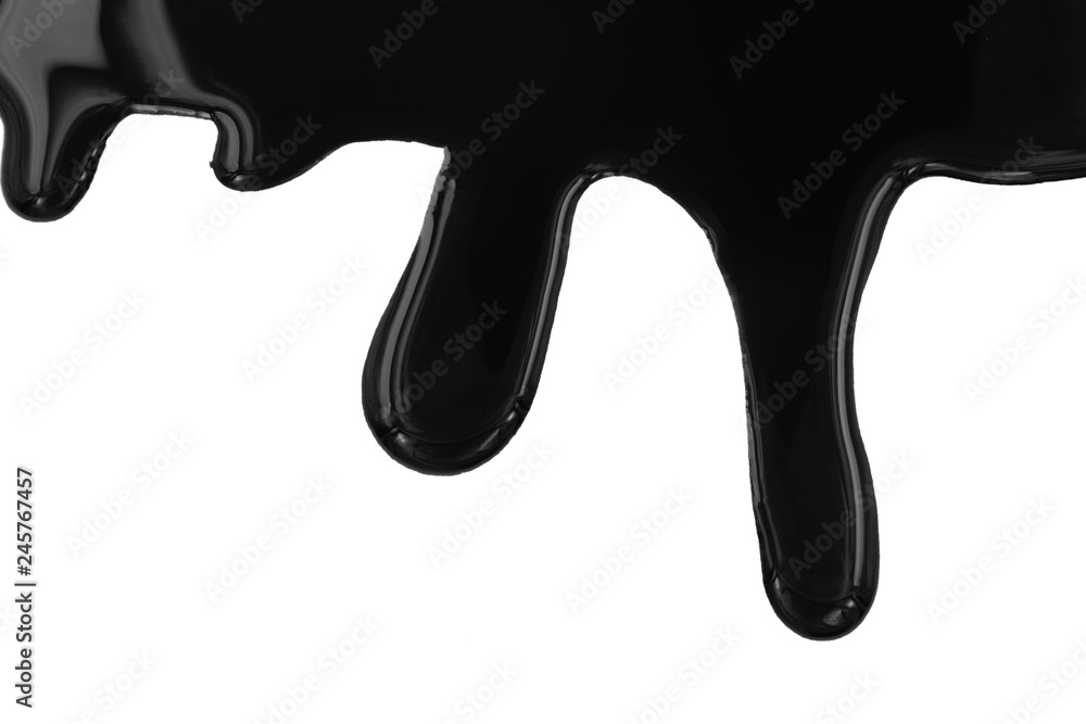 Dripping black paint isolated on white background. Flowing fuel oil splashes, drops and trail.