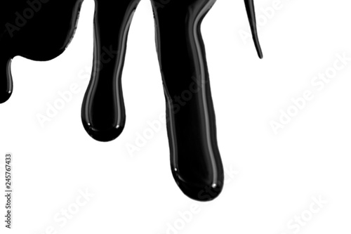 Dripping black paint isolated on white background. Flowing fuel oil splashes, drops and trail.