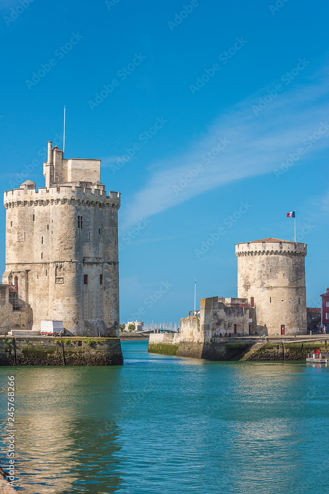 Beautiful view of the old harbor in La Rochelle, vertical picture