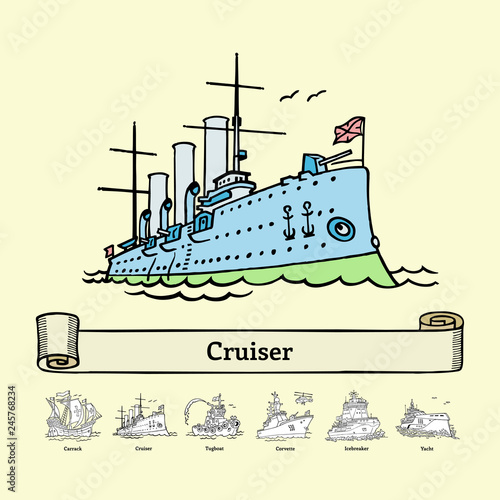 Sketch Russian cruiser Aurora. vector illustration. Coloring book with doodle ship. Handmade museum warship.