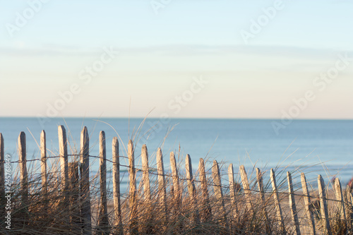 Wooden fence and sea at the background.