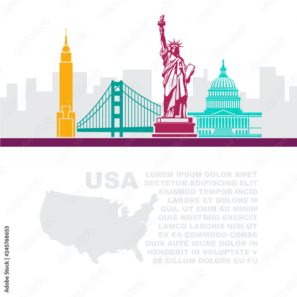 Template leaflets with a map and architectural landmarks of the USA and place for text