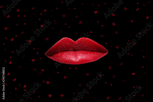 Red Lips on Black Background Surrounded by Hearts for wallpaper or greeting card Valentine