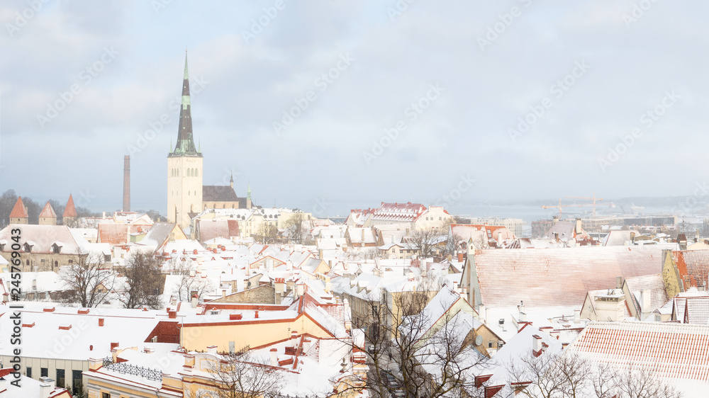 Beautiful winter panoramic view of the old town of Tallinn from the observation deck