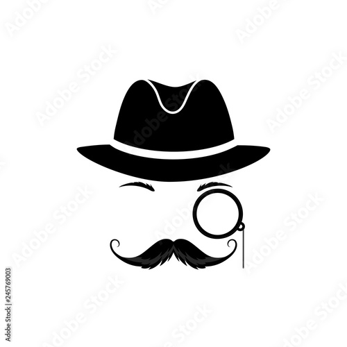 A mustache detective in a hat and with a monocle. Gentleman in a bowler cap. Detective vector icon.