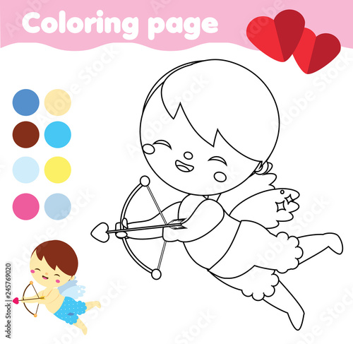 Coloring page with cute Cupid with bow and arrow. Cartoon Valentine angel. St valentine's day drawing game. Printable activity for children, kids and toddlers.