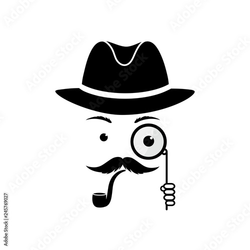 A mustache detective in a hat and with a pipe. Inspector with a monocle in his hands. Sleuth vector icons
