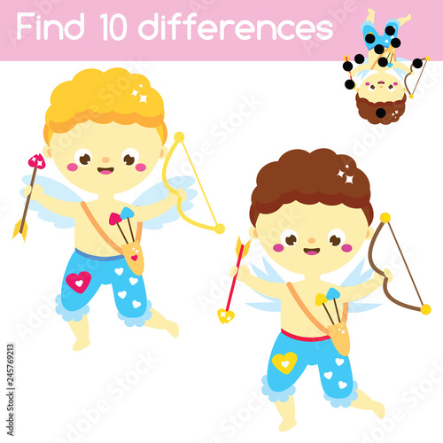 Find the differences. Educational children game. Kids activity fun page. cute Cupid boy. St Valentines day theme fun for toddlers