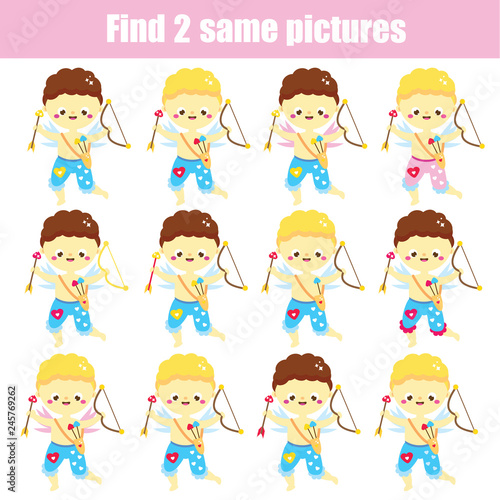 children educational game. Find the same pictures. Find two identical Cupid boys. St Valentines day theme fun for kids and toddlers