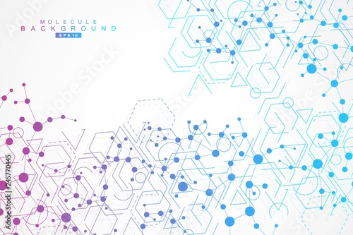 Structure molecule and communication. Dna, atom, neurons. Scientific concept for your design. Connected lines with dots. Medical, technology, chemistry, science background. Vector illustration.