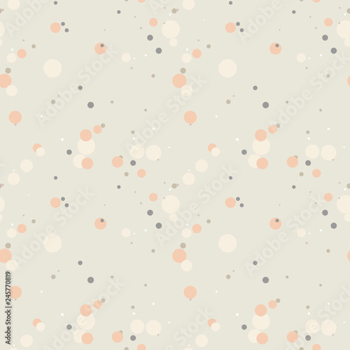 Pastel beige, orange, gray seamless pattern with messy circles. Random overlay circles on white background. Dotted texture. Chaotic grunge dot. Geometric wrapping paper. Vector illustration.