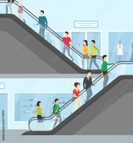 Cartoon Supermarket People Moving Up Card Poster. Vector