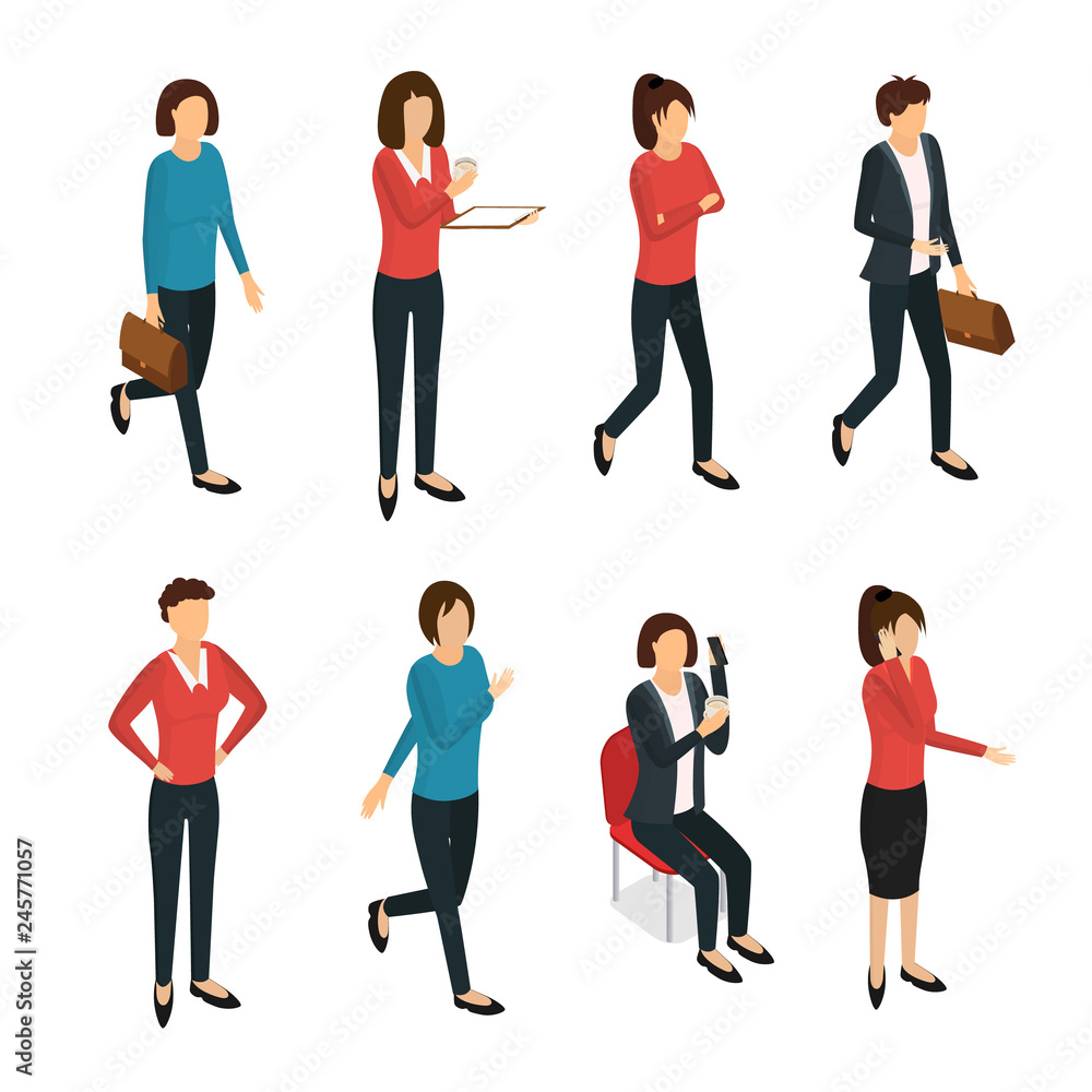 Fototapeta premium Cartoon Woman Character Various Types and Poses Set. Vector