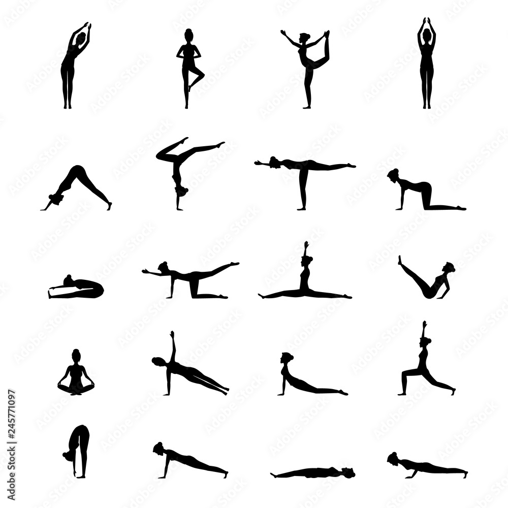 Cartoon Silhouette Black Woman Yoga Poses Icons Set. Vector
