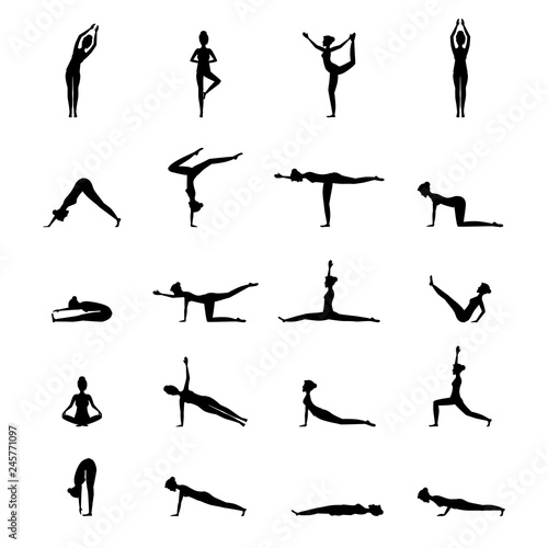 Cartoon Silhouette Black Woman Yoga Poses Icons Set. Vector