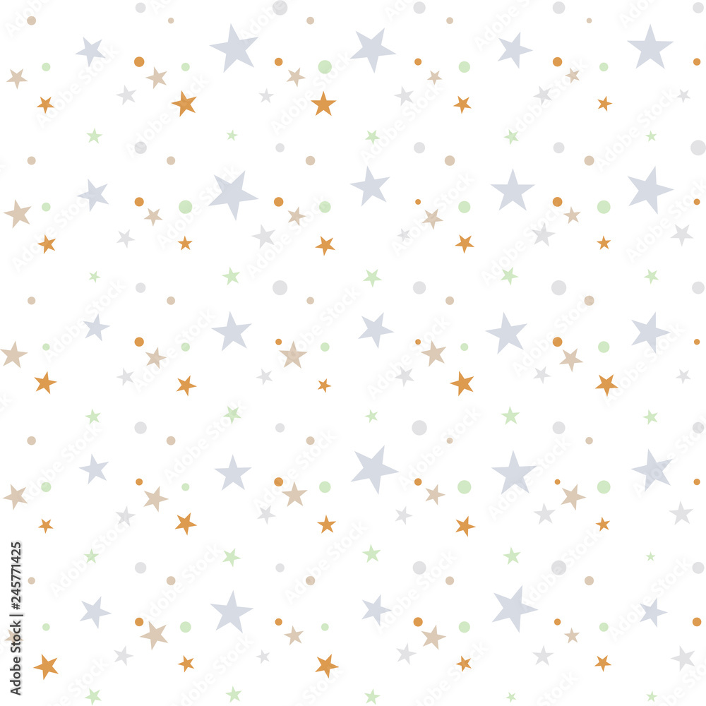 Colorful festive seamless pattern, abstract background with circles and stars on white. Infinity confetti geometric pattern. Wrapping paper. Vector illustration.  - obrazy, fototapety, plakaty 