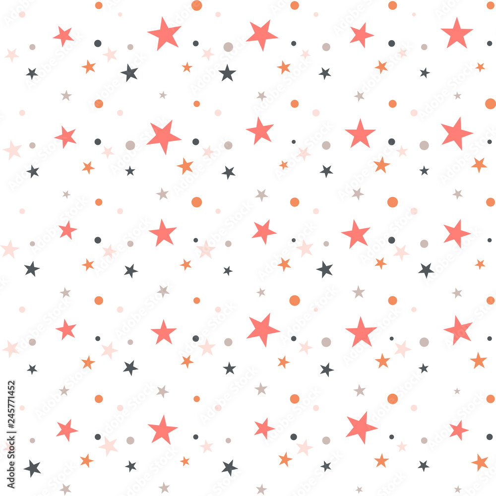 Colorful festive seamless pattern, abstract background with circles and stars on white. Infinity confetti geometric pattern. Wrapping paper. Vector illustration. 